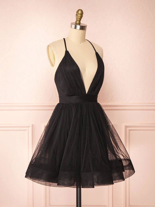 Einfaches schwarzes kurzes Ballkleid mit V-Ausschnitt, schwarzes Homecoming-Kleid ED0753