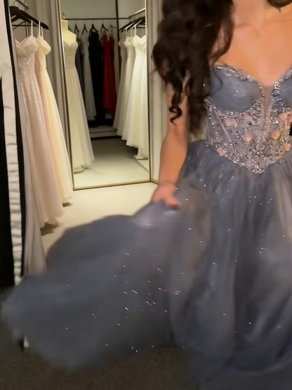Wunderschönes Dusty Blue Ballkleid Sweetheart A-Linie Tüll Langes Abendkleid Ärmelloses Sweetheart 16 Kleid ED07530