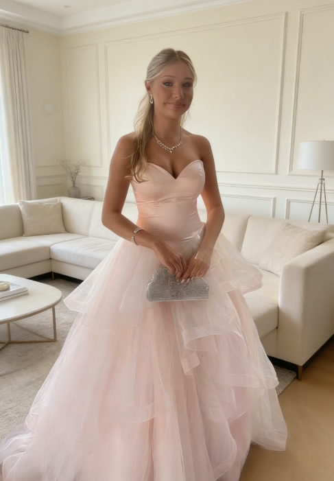 Chic Pink A-Line Wedding Guest Dress Sweetheart Tulle Long Evening Dress ED07532