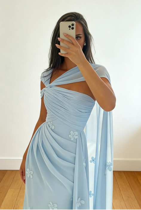 Blaues Etuikleid aus Chiffon für Hochzeitsgäste, langes Abendkleid ED07534