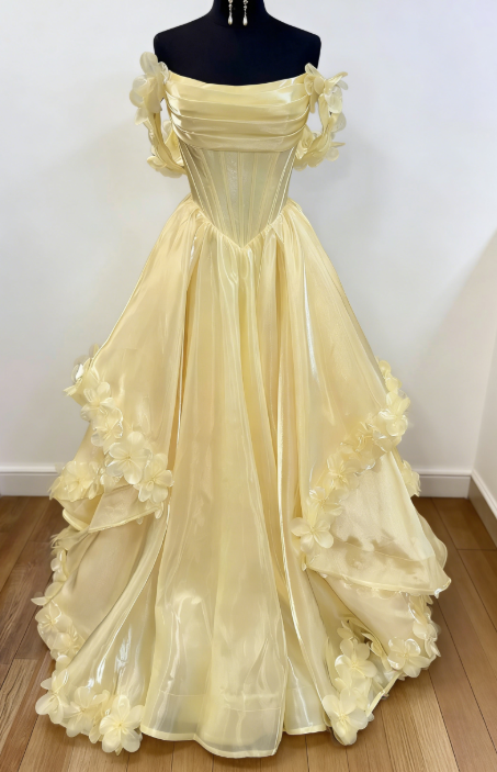 Cute A-Line Long Evening Dress Off-shoulder Tulle Yellow Prom Dress ED07535