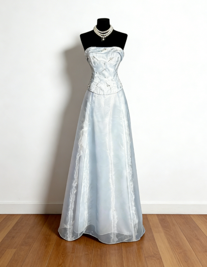 Robe de soirée longue trapèze chic en tulle, bustier, bleu pâle, robe de bal ED07537