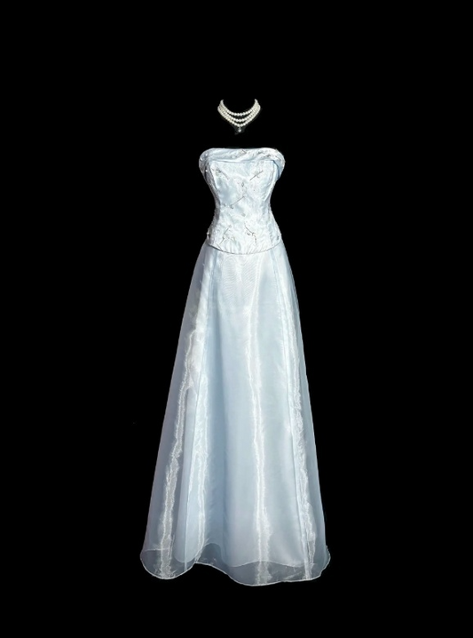 Chic A-Line Tulle Long Evening Dress Strapless Pale Blue Prom Dress ED07537