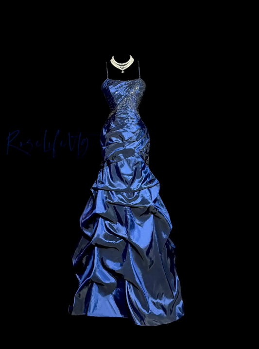 Dark Blue Prom Dress Chic Spaghetti Straps Formal Dress Sheath Satin Beaded Long Evening Dress ED07538