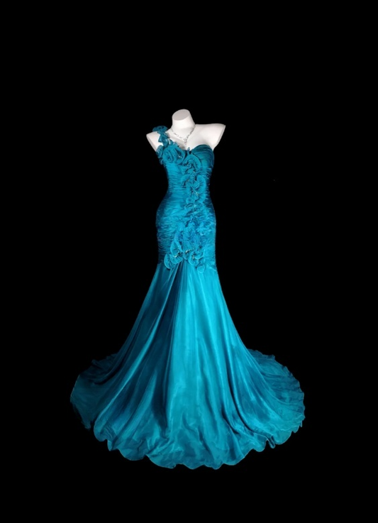 Turquoise Prom Dress Chic One-shoulder Formal Dress Sheath Tulle Long Evening Dress ED07539