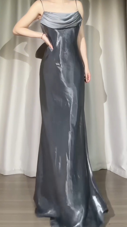 Gray Prom Dress Chic Spaghetti Straps Formal Dress Sheath Silk Long Evening Dress ED07540