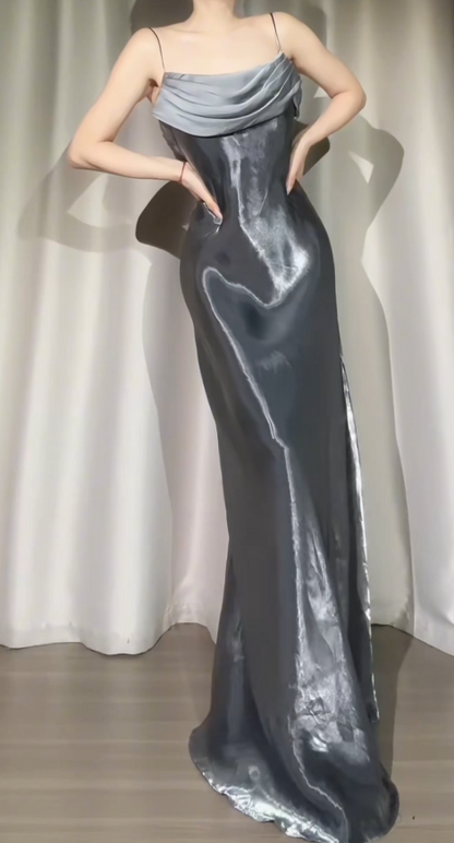 Robe de bal grise chic à fines bretelles Robe de soirée longue fourreau en soie ED07540