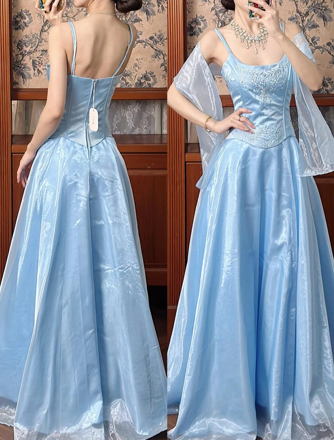 Robe de Soirée Longue en Satin Coupe Droite Bretelles Bleu Cérémonie ED07544