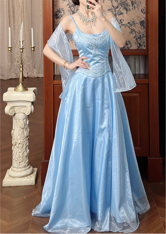Chic A-Line Satin  Long Evening Dress Straps Blue Prom Dress ED07544
