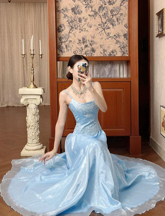 Chic A-Line Satin  Long Evening Dress Straps Blue Prom Dress ED07544