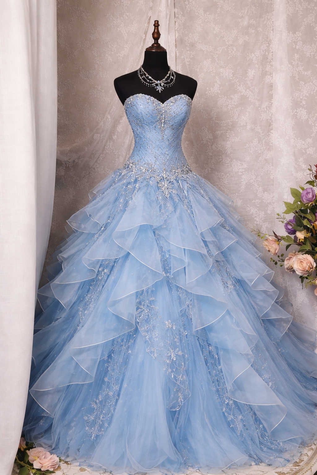 Gorgeous Blue Prom Dress Sweetheart A-Line Beaded Tulle Long Evening Dress Sweet 16 Dress ED07545