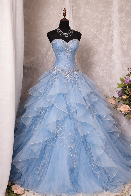 Gorgeous Blue Prom Dress Sweetheart A-Line Beaded Tulle Long Evening Dress Sweet 16 Dress ED07545