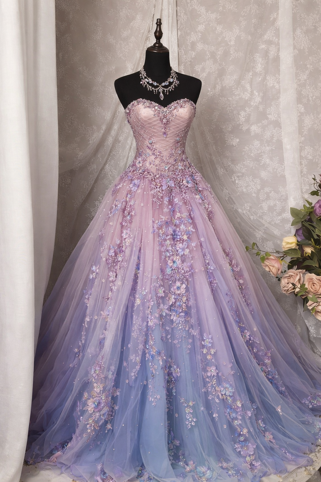 Robe de bal rose Chic Doux Cœur Robe de soirée formelle Ligne A Tulle Appliquée Robe de soirée longue ED07546
