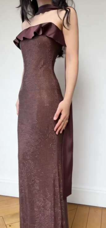 Pretty Brown Sheath Wedding Guest Dress Strapless Diamonds Satin Long Evening Dress ED07541