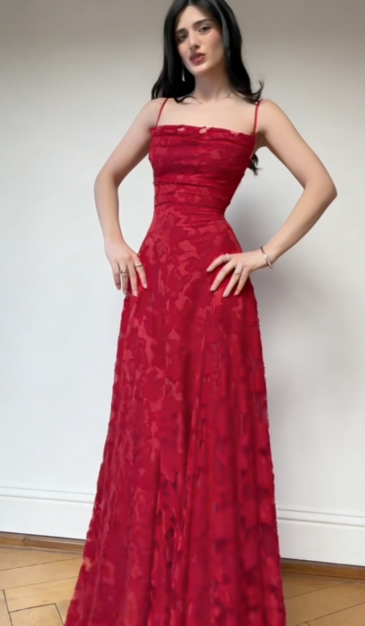 Pretty Red Sheath Wedding Guest Dress Spaghetti Straps Lace Long Evening Dress ED07548