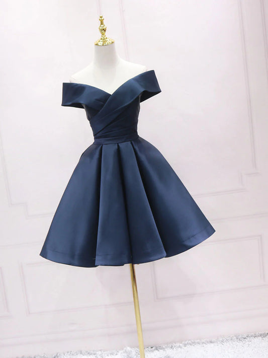 Einfaches blaues schulterfreies kurzes Satin-Ballkleid blaues Brautjungfernkleid ED0755