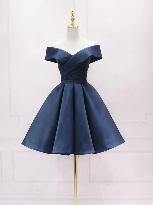 Einfaches blaues schulterfreies kurzes Satin-Ballkleid blaues Brautjungfernkleid ED0755
