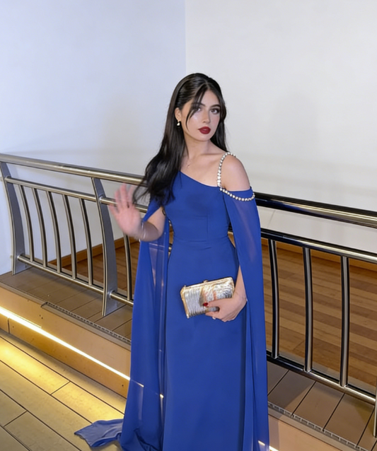 Blue Prom Dress Chic One-shoulder Formal Dress Sheath Chiffon Long Evening Dress ED07550