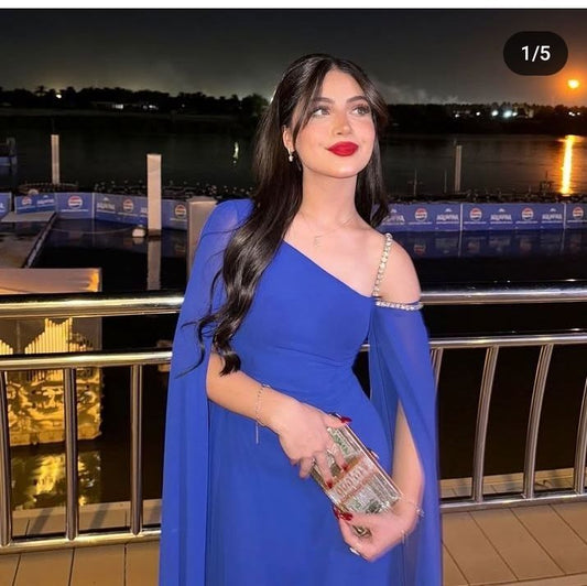 Blue Prom Dress Chic One-shoulder Formal Dress Sheath Chiffon Long Evening Dress ED07550
