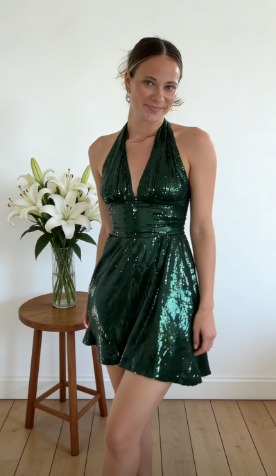 Dark Green Birthday Dress Sheath Halter Cocktail Dress Sleevless Sequins Short Prom Dress ED07553