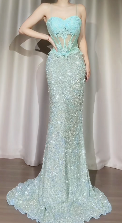 Robe de bal verte chic à bretelles spaghetti, robe de soirée fourreau longue à paillettes et perles ED07559