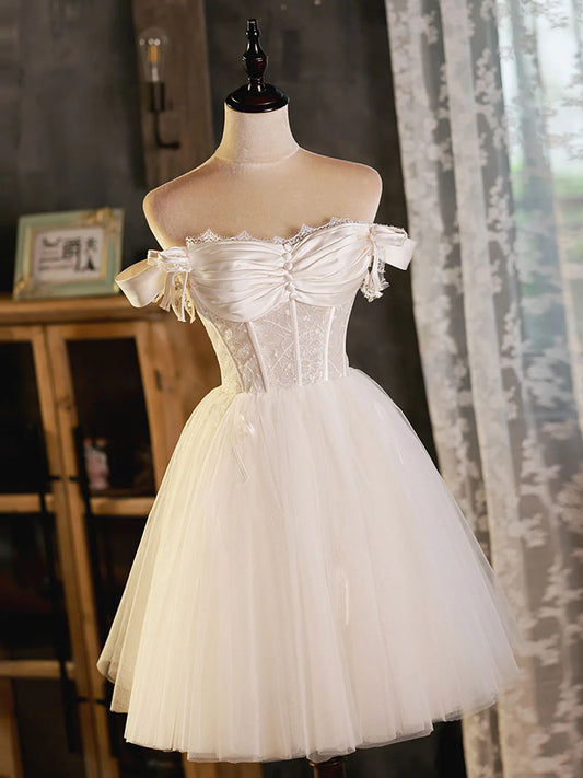 Elfenbeinfarbenes, herzförmiger Ausschnitt, kurzes Ballkleid aus Tüllspitze, Tüll-Heimkehrkleid ED0756