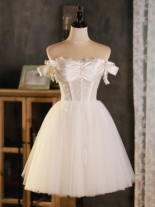 Elfenbeinfarbenes, herzförmiger Ausschnitt, kurzes Ballkleid aus Tüllspitze, Tüll-Heimkehrkleid ED0756