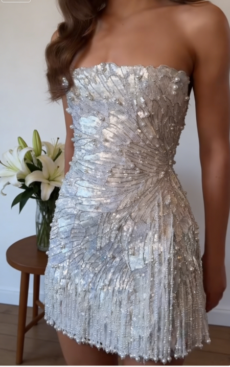 Chic Silver Prom Dress Strapless Sheath Beaded Sequins Long Evening Dress ED07561