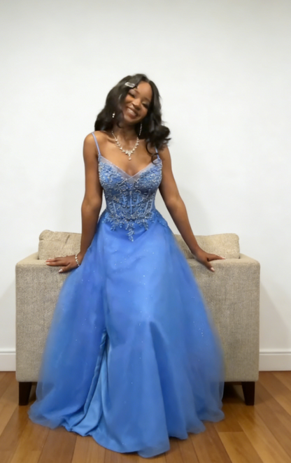 Robe de bal chic bleue à bretelles spaghetti, coupe évasée, longue en tulle, robe de soirée ED07564