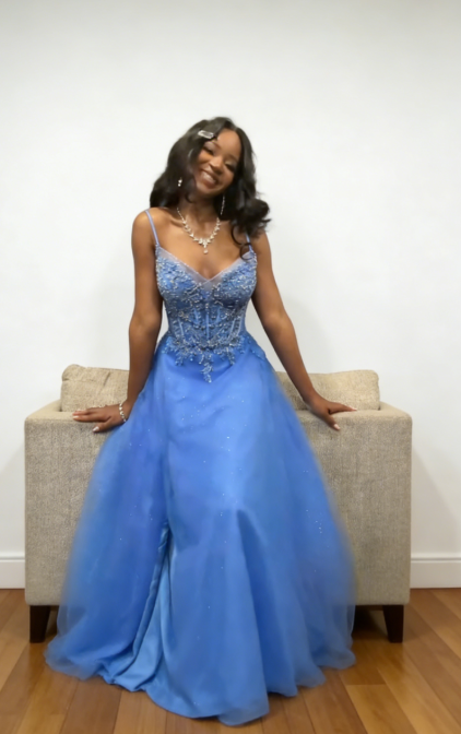 Chic Blue Prom Dress Spaghetti Straps A-Line Tulle Long Evening Dress ED07564
