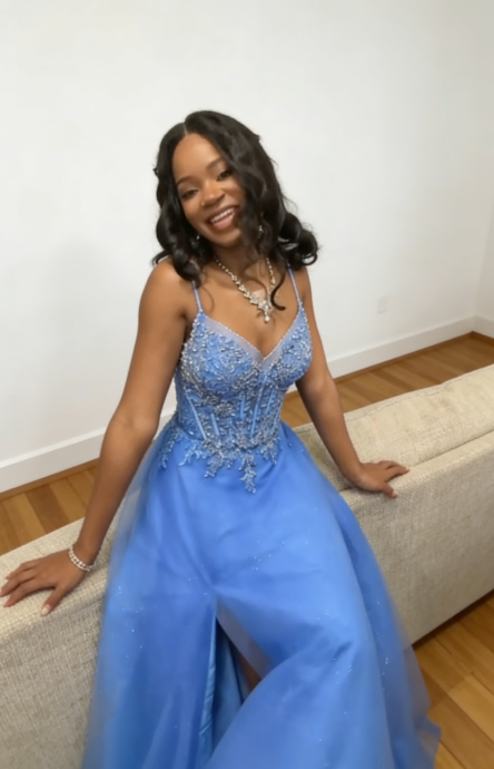 Chic Blue Prom Dress Spaghetti Straps A-Line Tulle Long Evening Dress ED07564