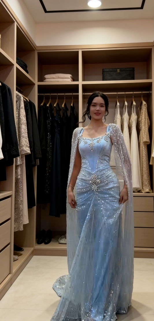 Pale Blue Prom Dress Chic Tulle Formal Dress Sheath Square neck Long Evening Dress ED07565