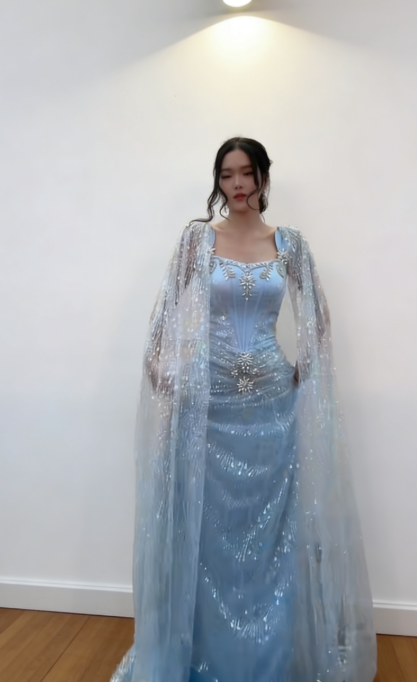 Pale Blue Prom Dress Chic Tulle Formal Dress Sheath Square neck Long Evening Dress ED07565