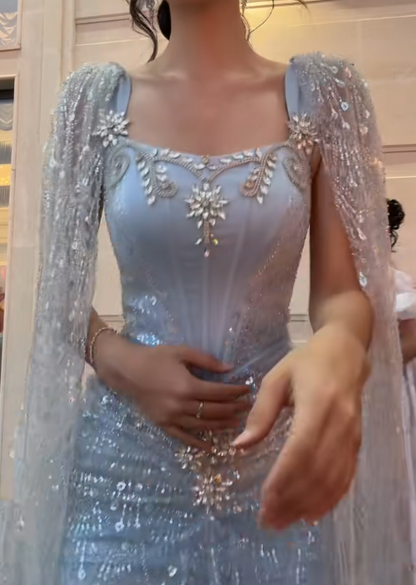 Robe de bal bleu pâle Chic Robe de soirée en tulle Fourreau Col carré Robe longue de soirée ED07565