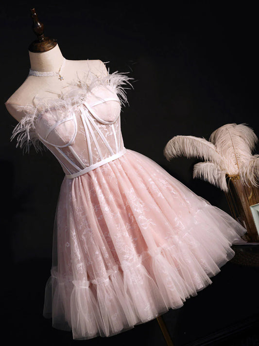 Süßes kurzes Ballkleid aus Tüll mit herzförmigem Ausschnitt, rosa Tüllkleid für die Heimkehr ED0757