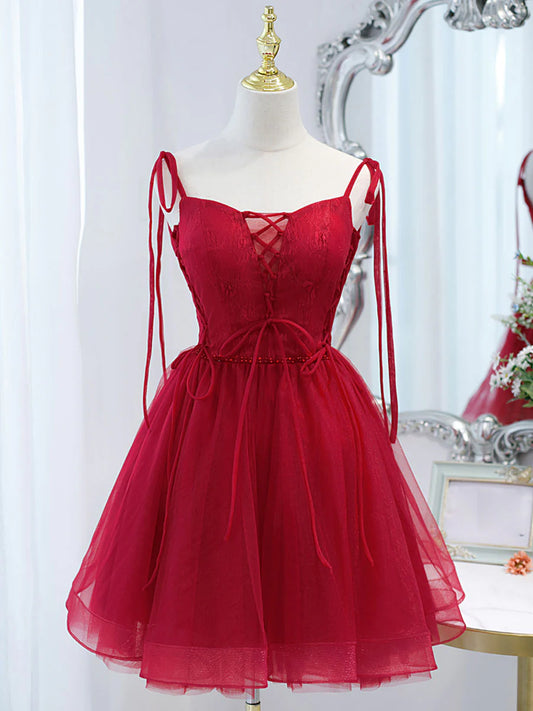 Burgunder Tüll Spitze kurzes Ballkleid, Burgund Homecoming Kleid ED0758