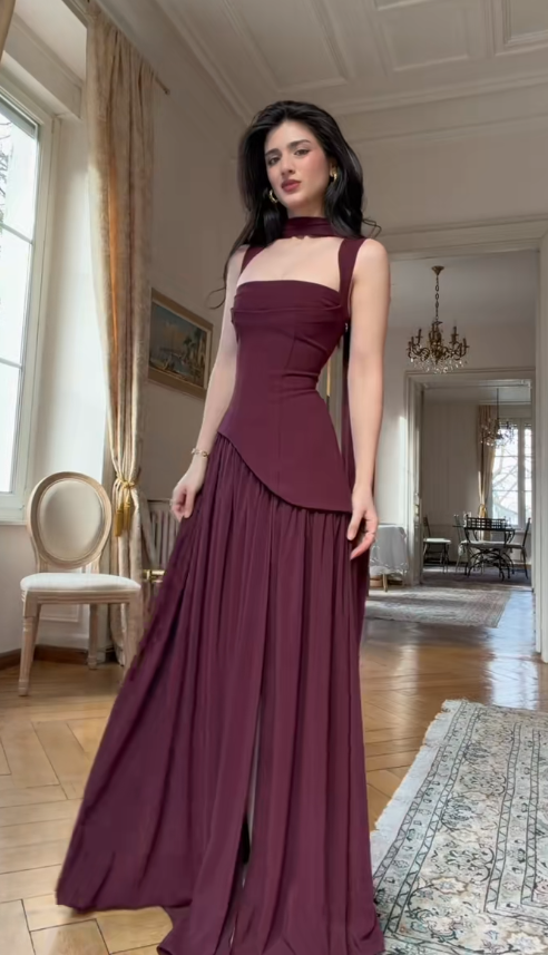 Dark Red Prom Dress Straps Sheath Chiffon Long Evening Dress ED07585