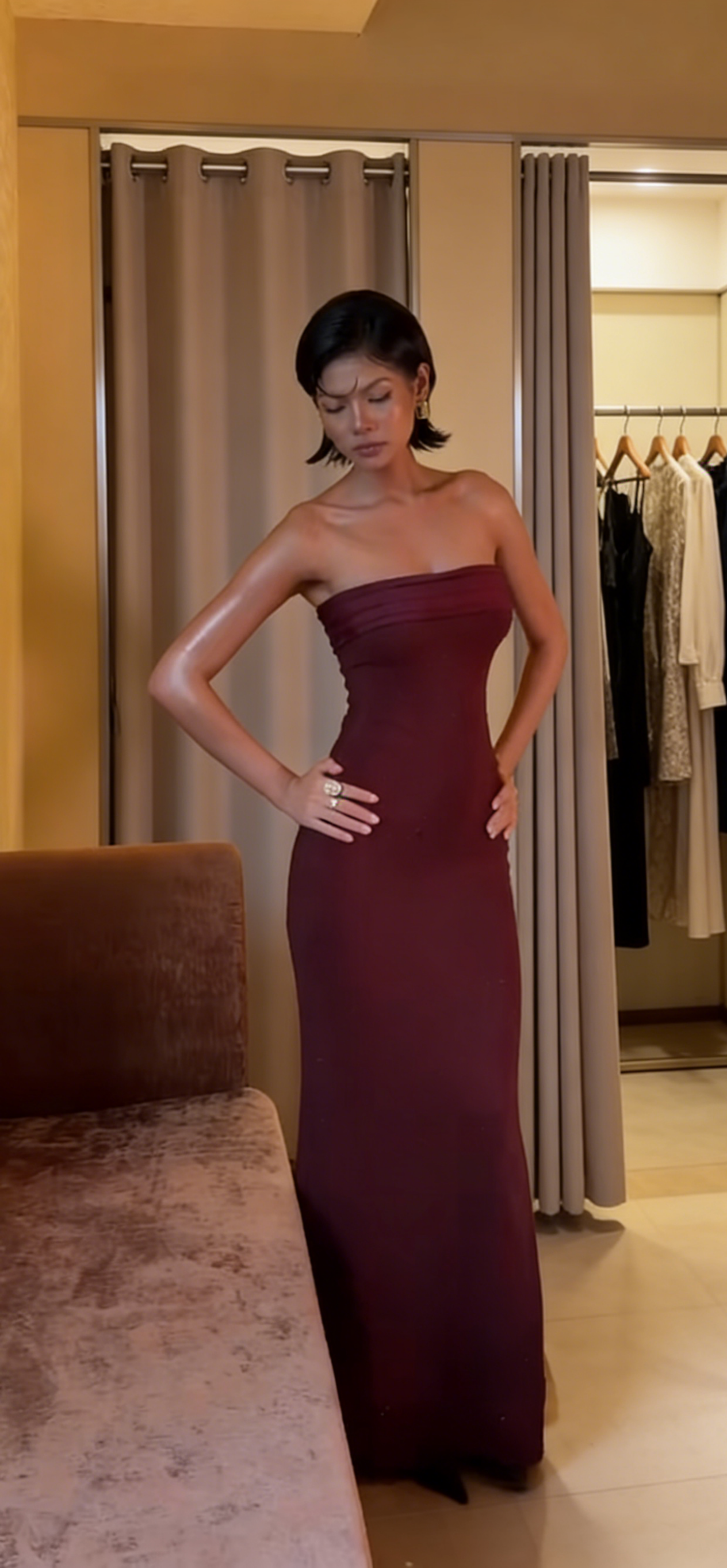 Robe de soirée longue en mousseline fourreau bustier rouge foncé pour bal de promo ED07586