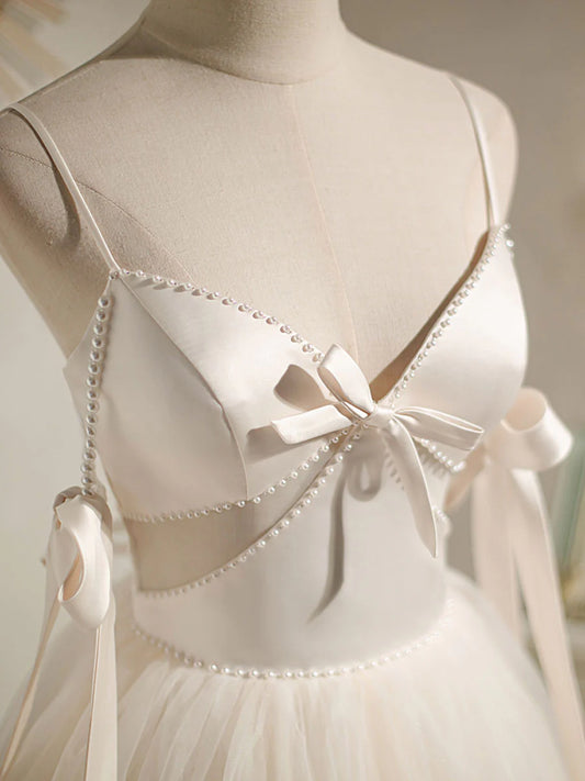 Beiges kurzes A-Linien-Ballkleid aus Tüll, beiges Homecoming-Kleid aus Tüll ED0759