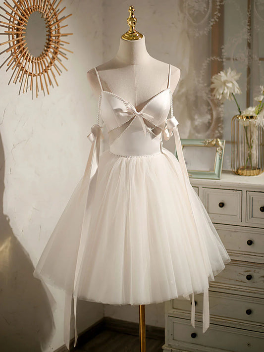 Beiges kurzes A-Linien-Ballkleid aus Tüll, beiges Homecoming-Kleid aus Tüll ED0759