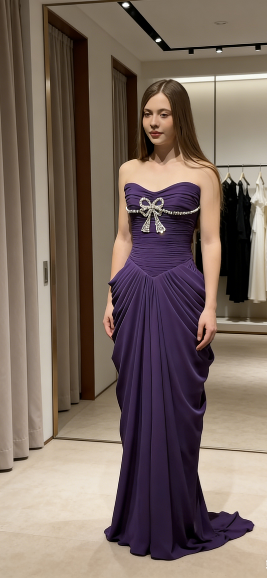 Purple Prom Dress Strapless Sheath Chiffon Long Evening Dress ED07590