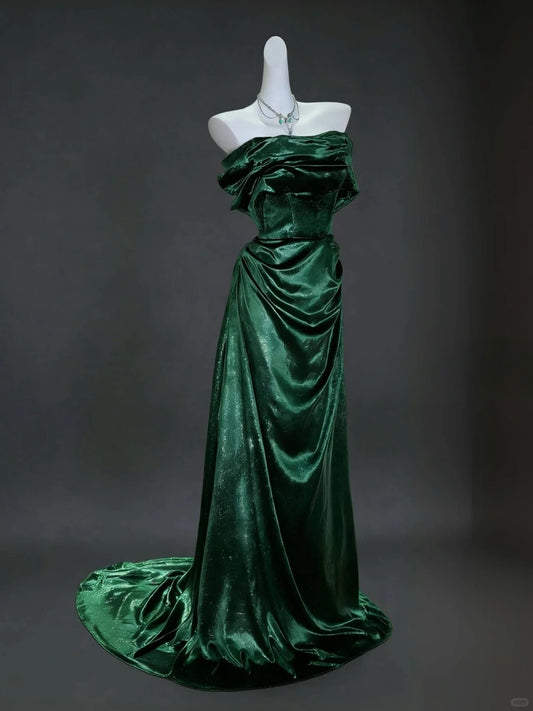 Dark Green Prom Dress Off-shoulder Sheath Satin Long Evening Dress ED07591