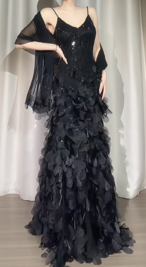 Black Prom Dress Spaghetti Straps Sheath Chiffon Beaded Long Evening Dresss ED07592