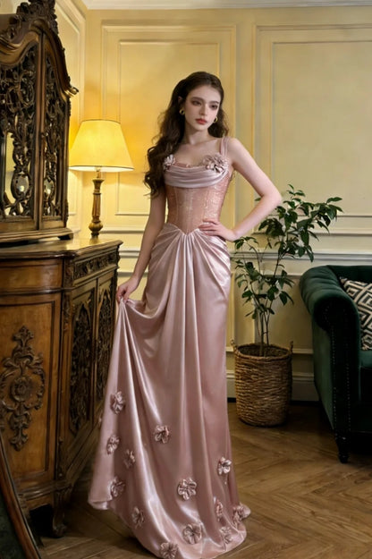 Dusty Pink Prom Dress Spaghetti Straps Sheath Satin Long Evening Dress ED07593