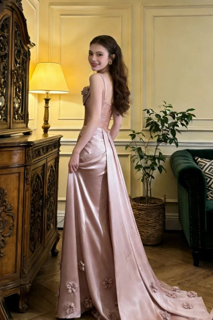Dusty Pink Prom Dress Spaghetti Straps Sheath Satin Long Evening Dress ED07593