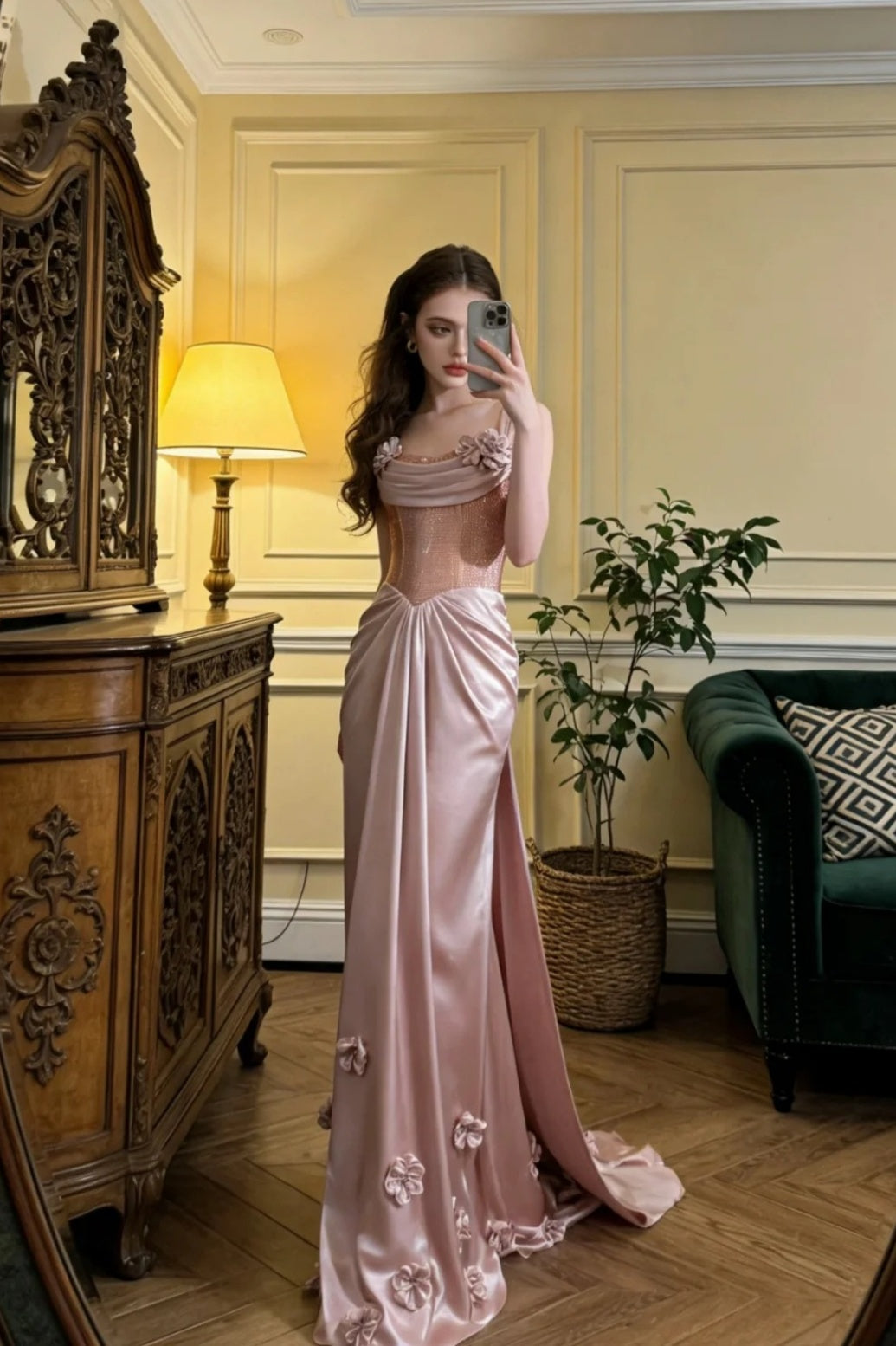 Dusty Pink Prom Dress Spaghetti Straps Sheath Satin Long Evening Dress ED07593