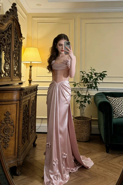 Dusty Pink Prom Dress Spaghetti Straps Sheath Satin Long Evening Dress ED07593