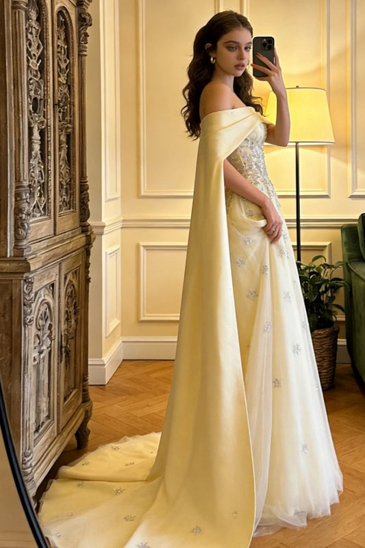 Yellow Prom Dress Off-shoulder A-Line Tulle Beaded Long Evening Dress ED07594