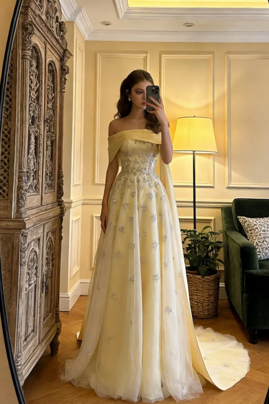 Yellow Prom Dress Off-shoulder A-Line Tulle Beaded Long Evening Dress ED07594