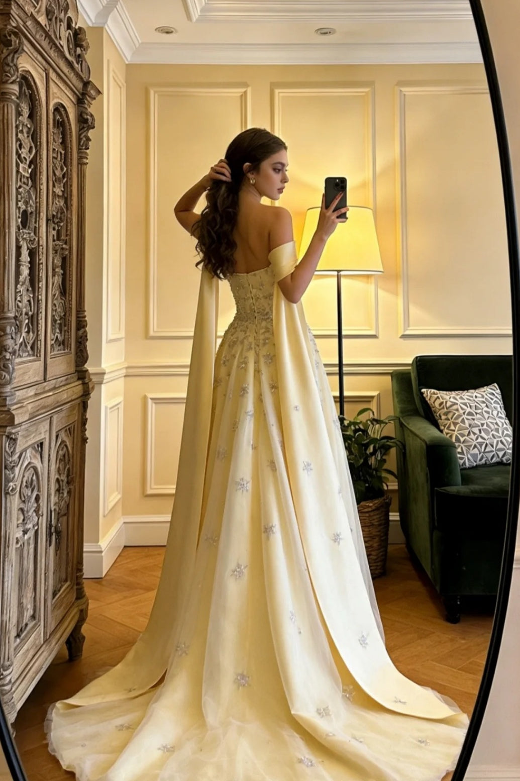 Robe de bal jaune Épaules dénudées Coupe trapèze Tulle Perles Robe de soirée longue ED07594